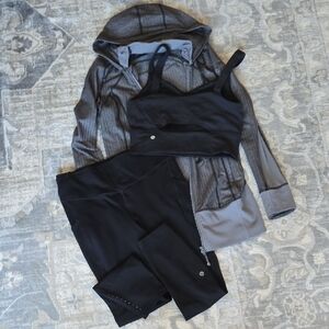 Lululemon Black Activewear Set Size 10 Fleece Leggings Longline Bra Jacket
